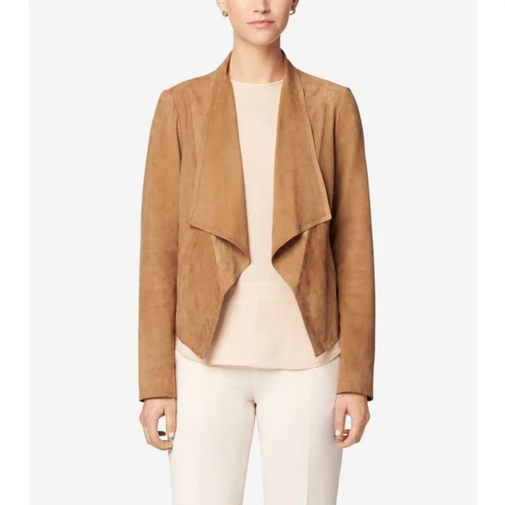 Cole Haan Genuine Suede Leather Open Front Jacket in Tan size small